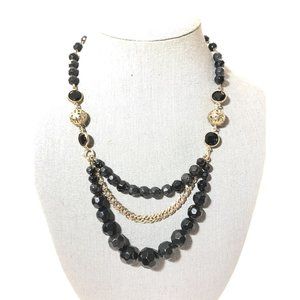 Vintage Monet Necklace- 18” Bib Tier Necklace, Black Faceted Crystal W/ Gold.
